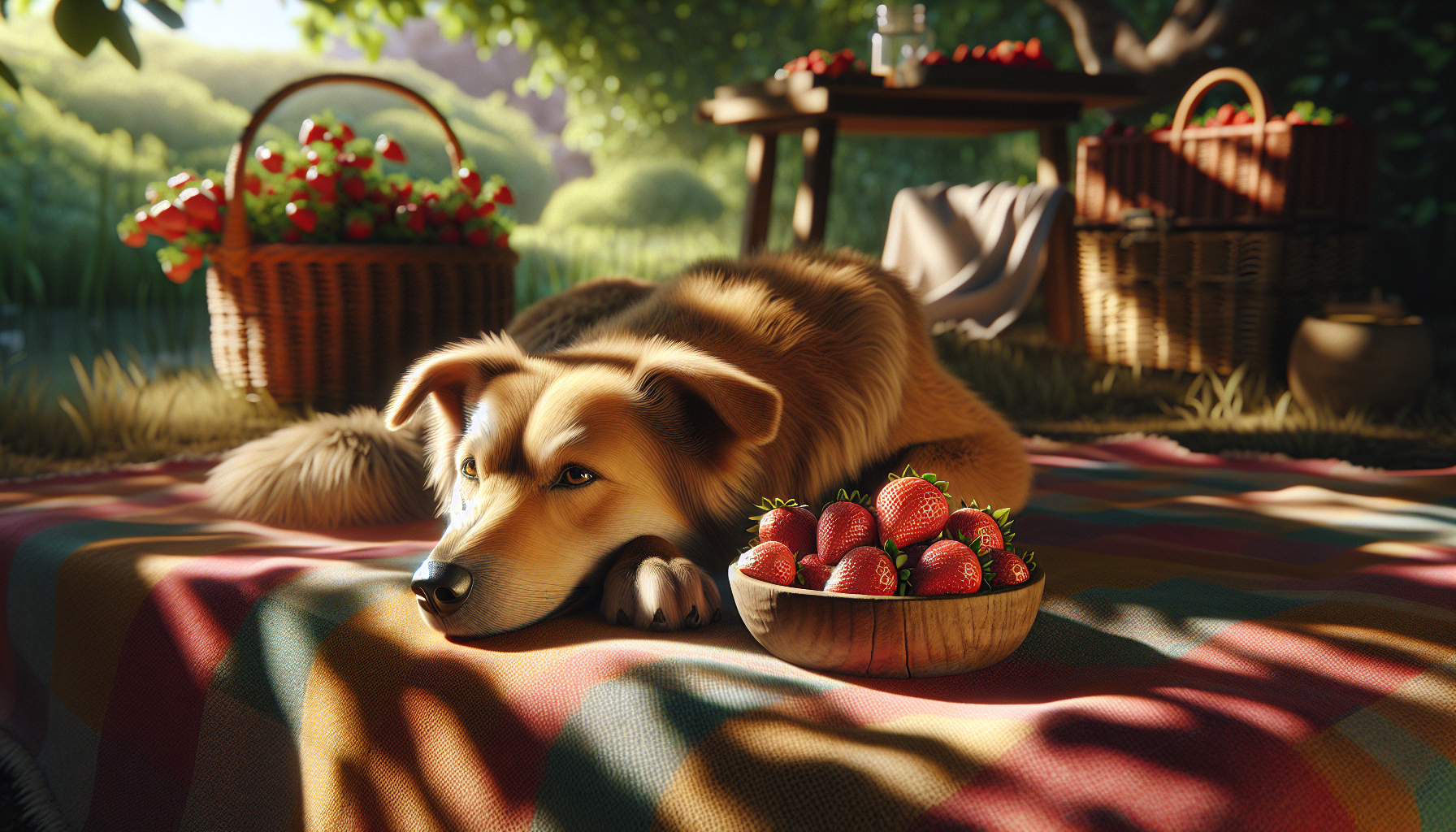 A friendly tan dog sitting on a picnic blanket beside a small bowl of fresh strawberries on a sunny summer afternoon